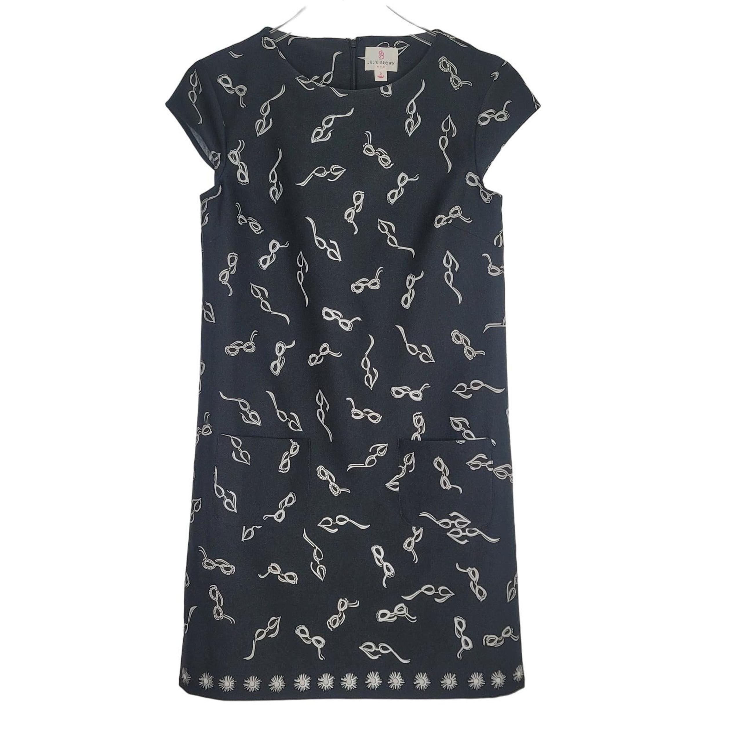 Julie Brown Dress Women 2 Black Shift Cap Sleeve Eyeglass Novelty Round Neck
