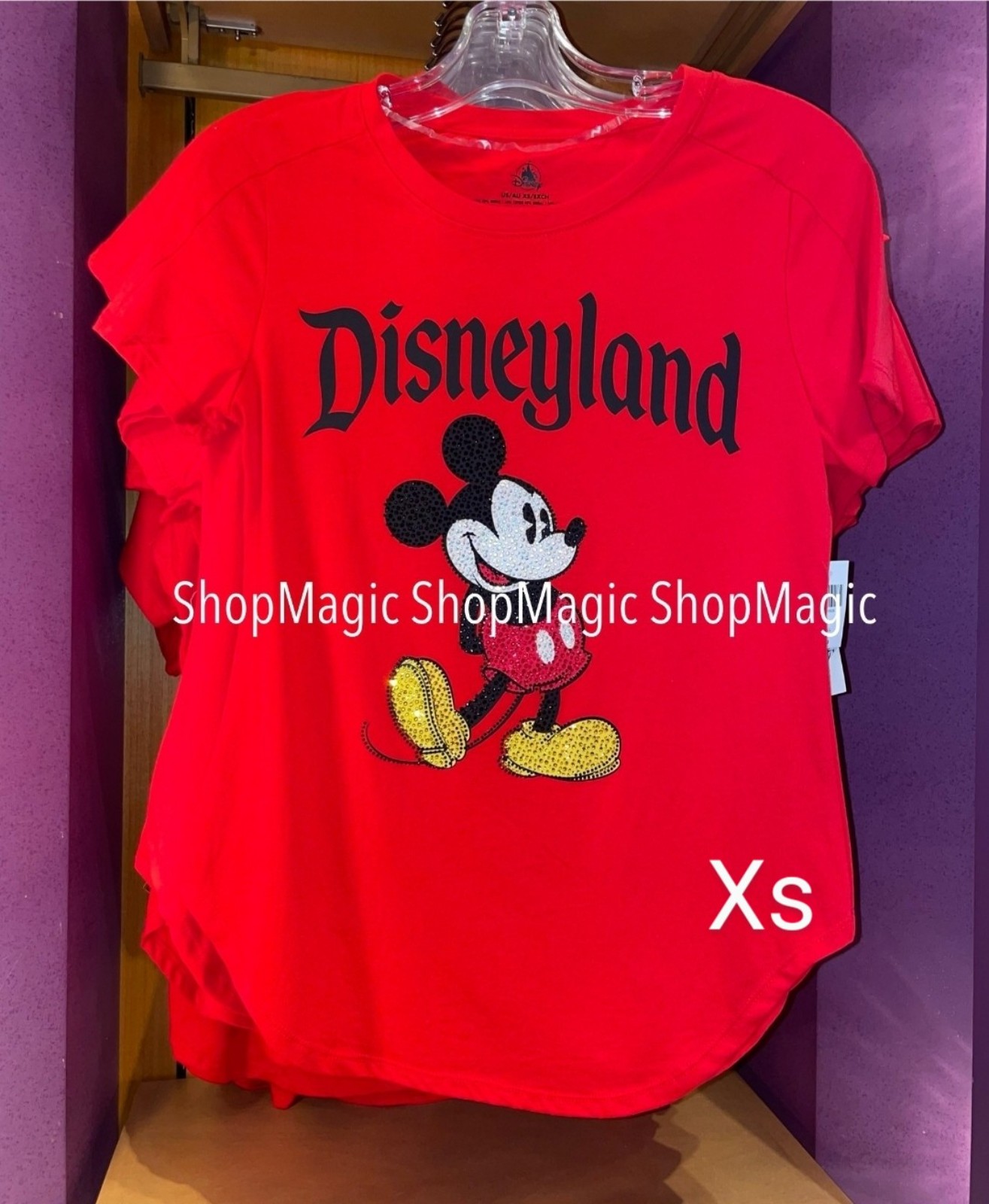 Disney Disneyland Classic Mickey Mouse Rhinestones Red Step Hem T-Shirt