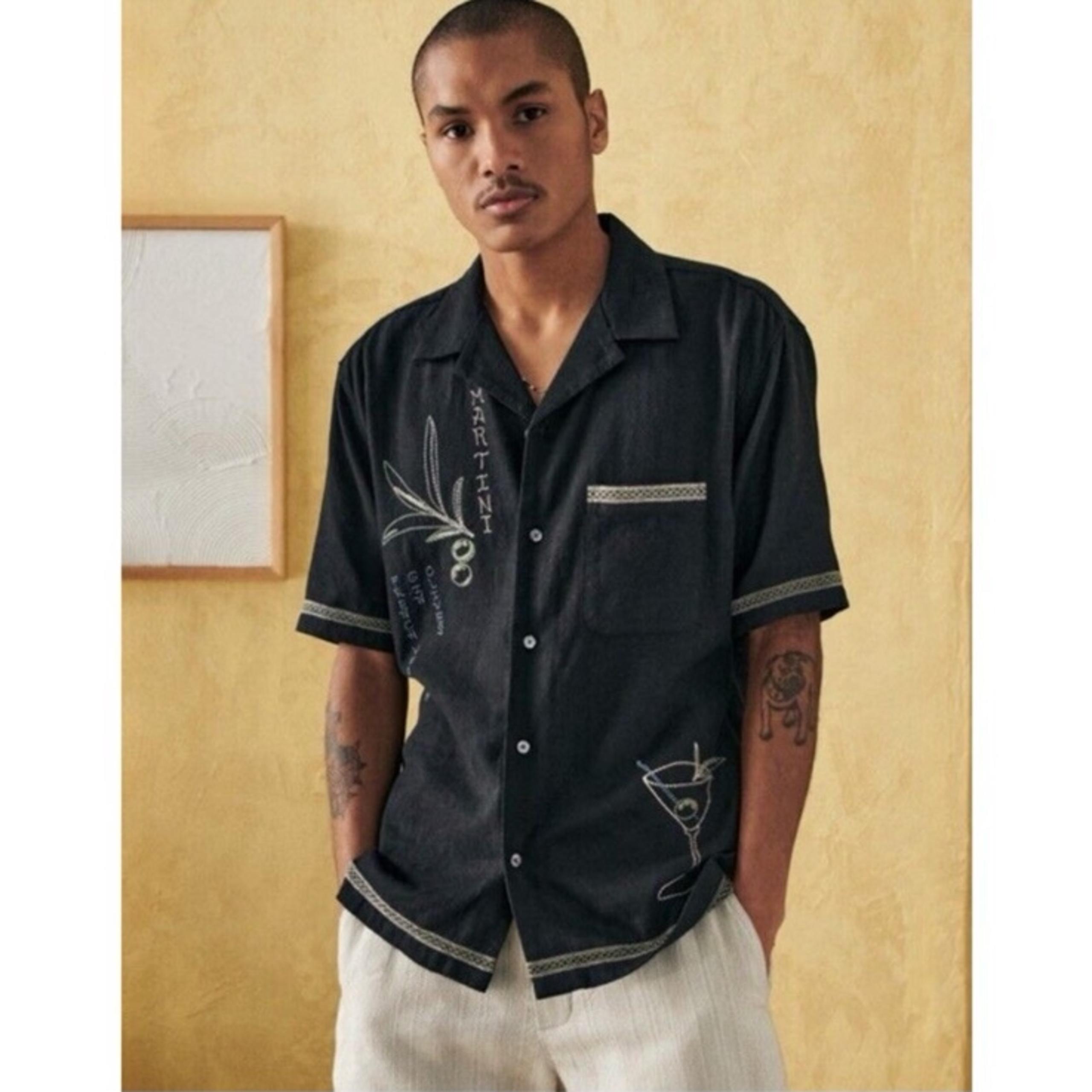 NWT Abercrombie Fitch Shirt Mens Black Linen Blend Embroidered Camp Martini