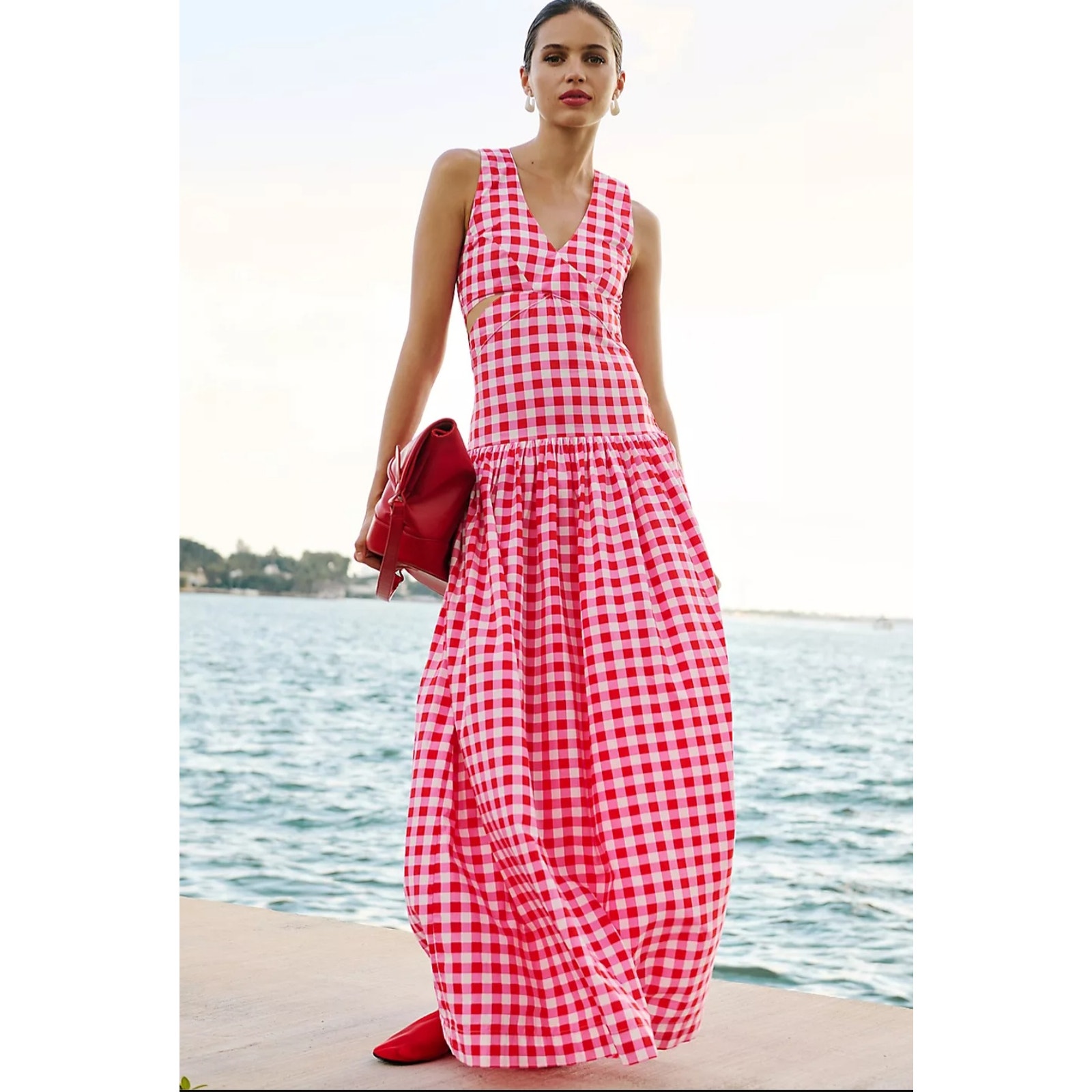 NWT Anthropologie S/W/F Cross-Cut V-Neck Drop-Waist Maxi Dress 399 MEDIUM Red