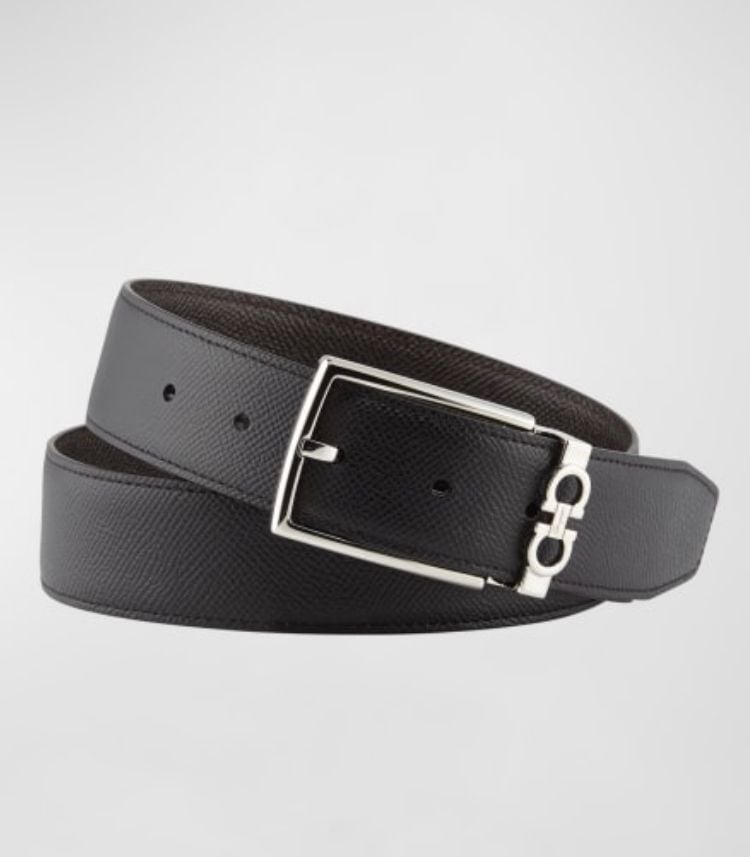 Ferragamo Men's Reversible Textured Leather Belt with Classic Buckle