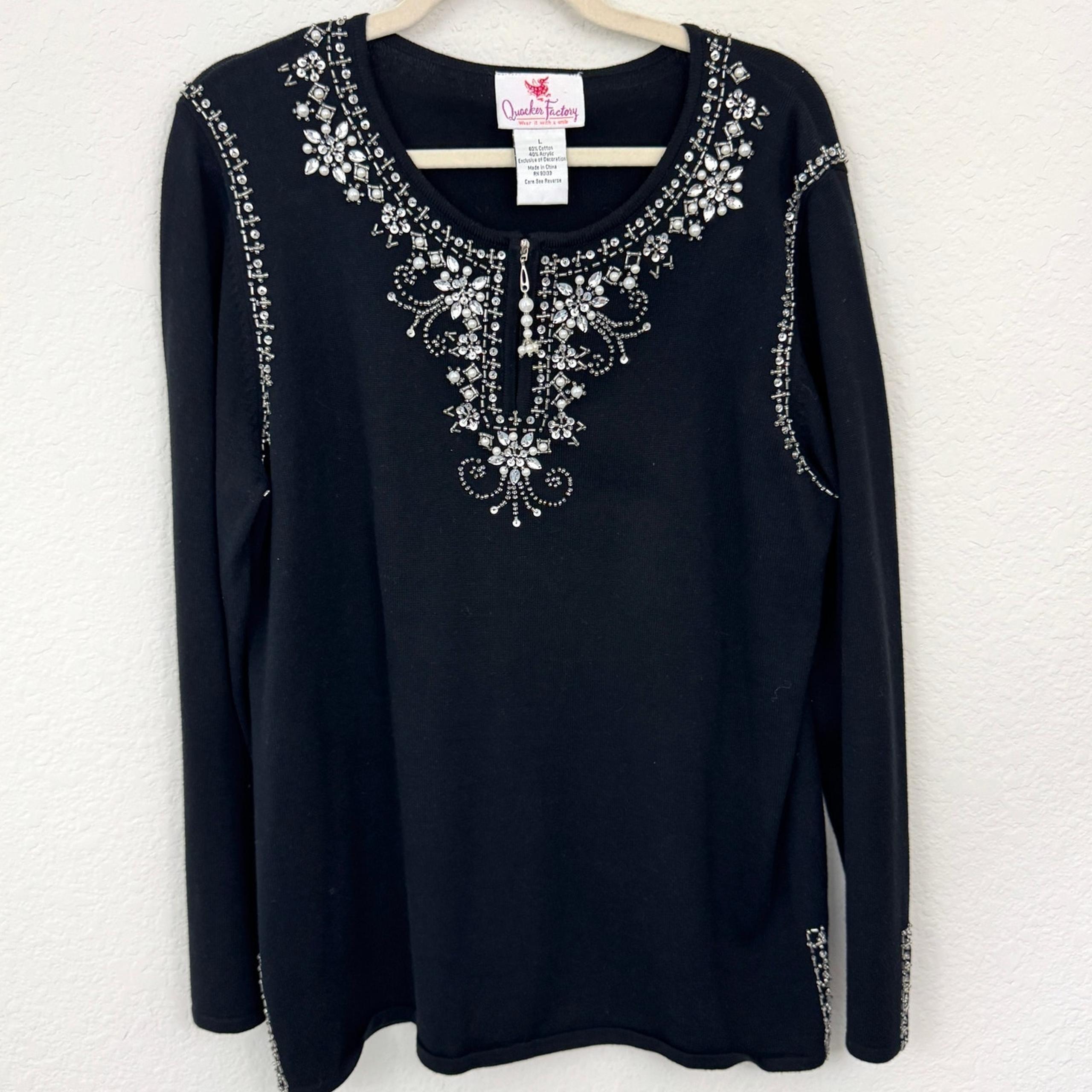 Quaker Factory Womens Knit Sweater Size L Sequin Jewel Beaded Party Black