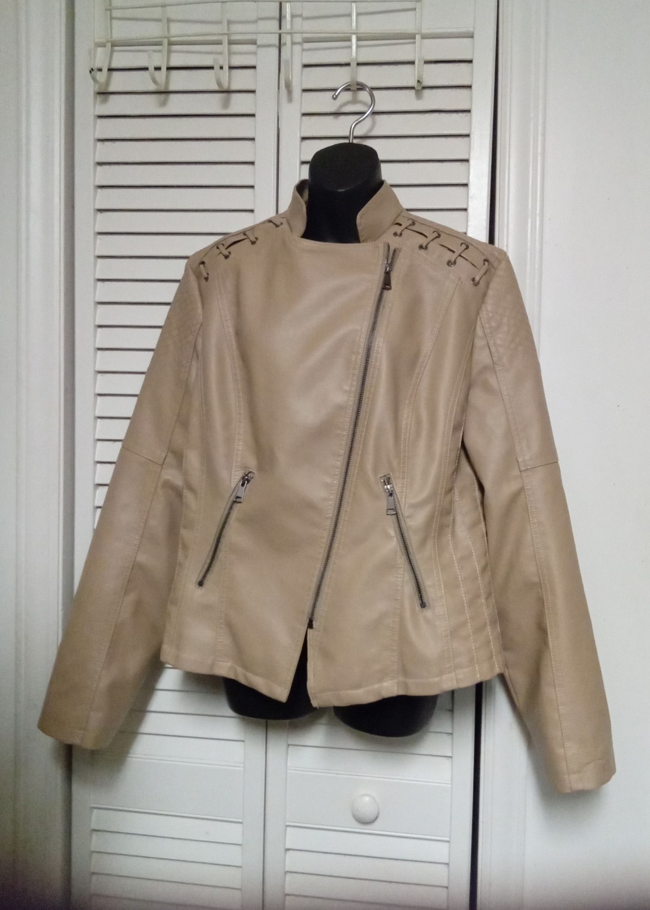 Womens Faux Leather Khaki Quilted Asymmetrical Zipup Motorcycle Bomber Jacket