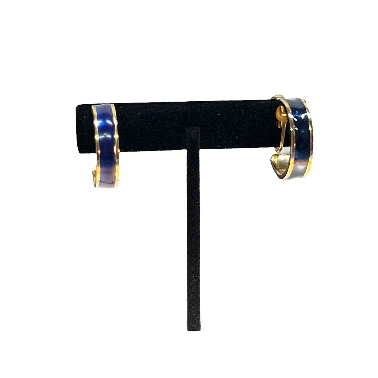 Vintage Blue Enamel & Gold Tone Clip On Hoop Earrings Capsule Classic Old Money