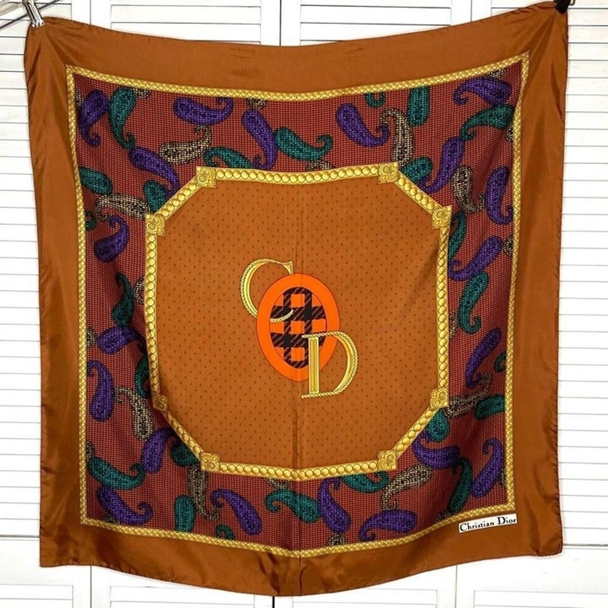Vintage 80s CHRISTIAN DIOR Silk Brown Paisley Houndstooth Logo Print Scarf 35"