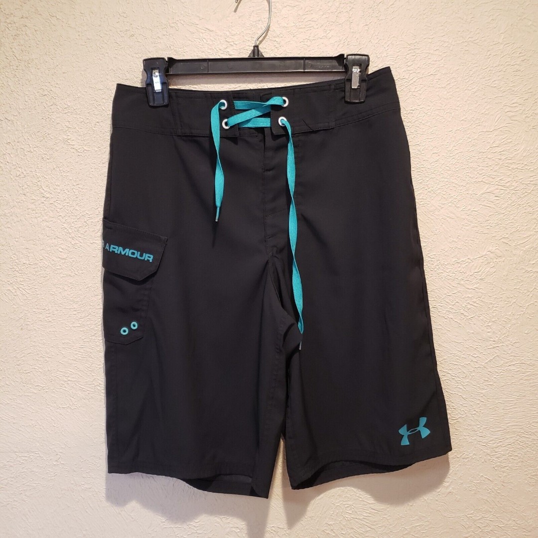 Under Armour Shorts Mens Medium Black Blue Swim Trunks Drawstring Size 28