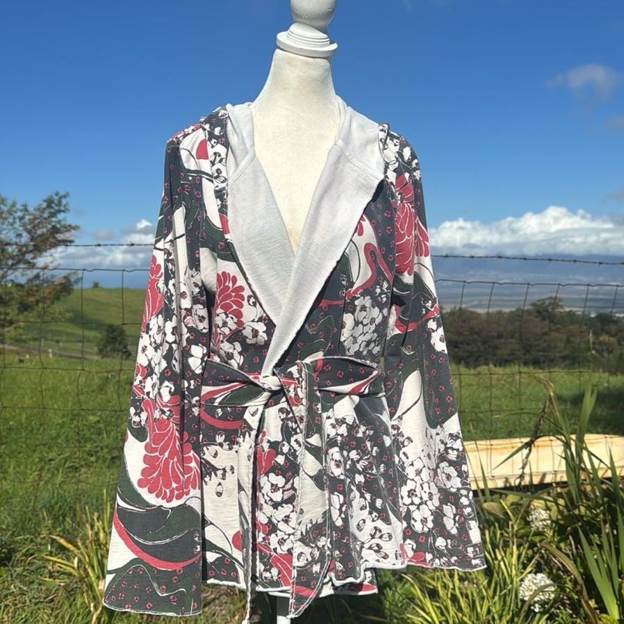 Lucky Brand Boh Y2K Asian Inspired Print Hooded Belted Sweatshirt Cardigan L