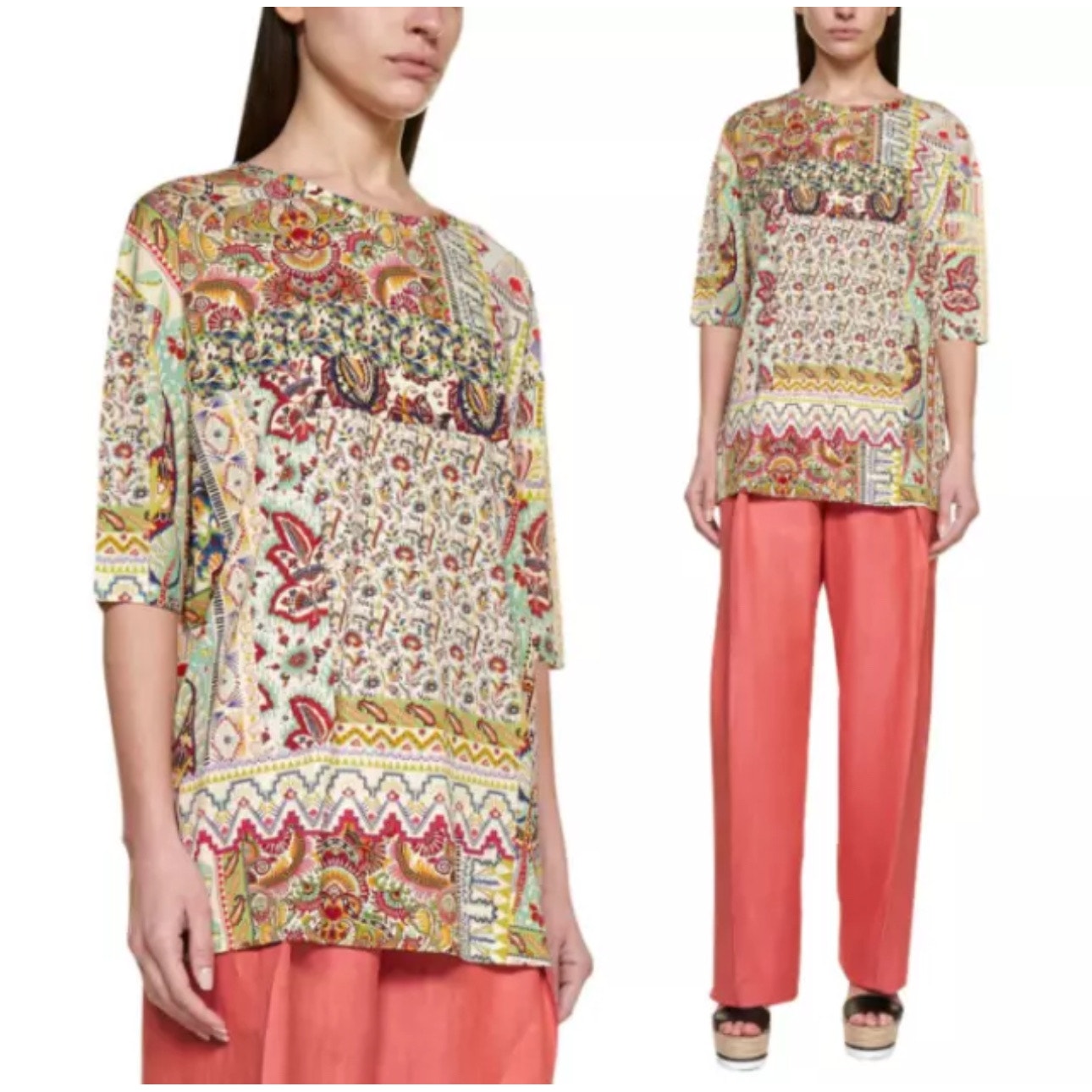 Etro Paisley Pink Floral Lovely Day Jersey Oversize Short Sleeve Blouse Large