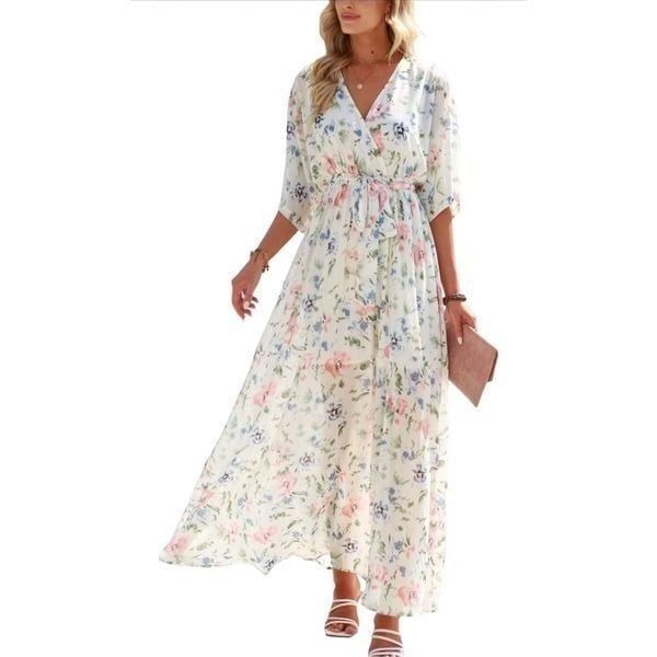 NEW Flowy Wrap V Neck 3/4 Sleeve Floral Slit Maxi Dress M