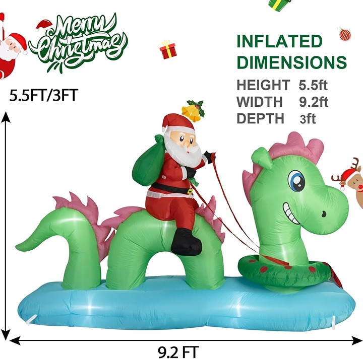 9FT Christmas Nessie Inflatable - Santa Claus Rides The Nessie to Deliver Presen