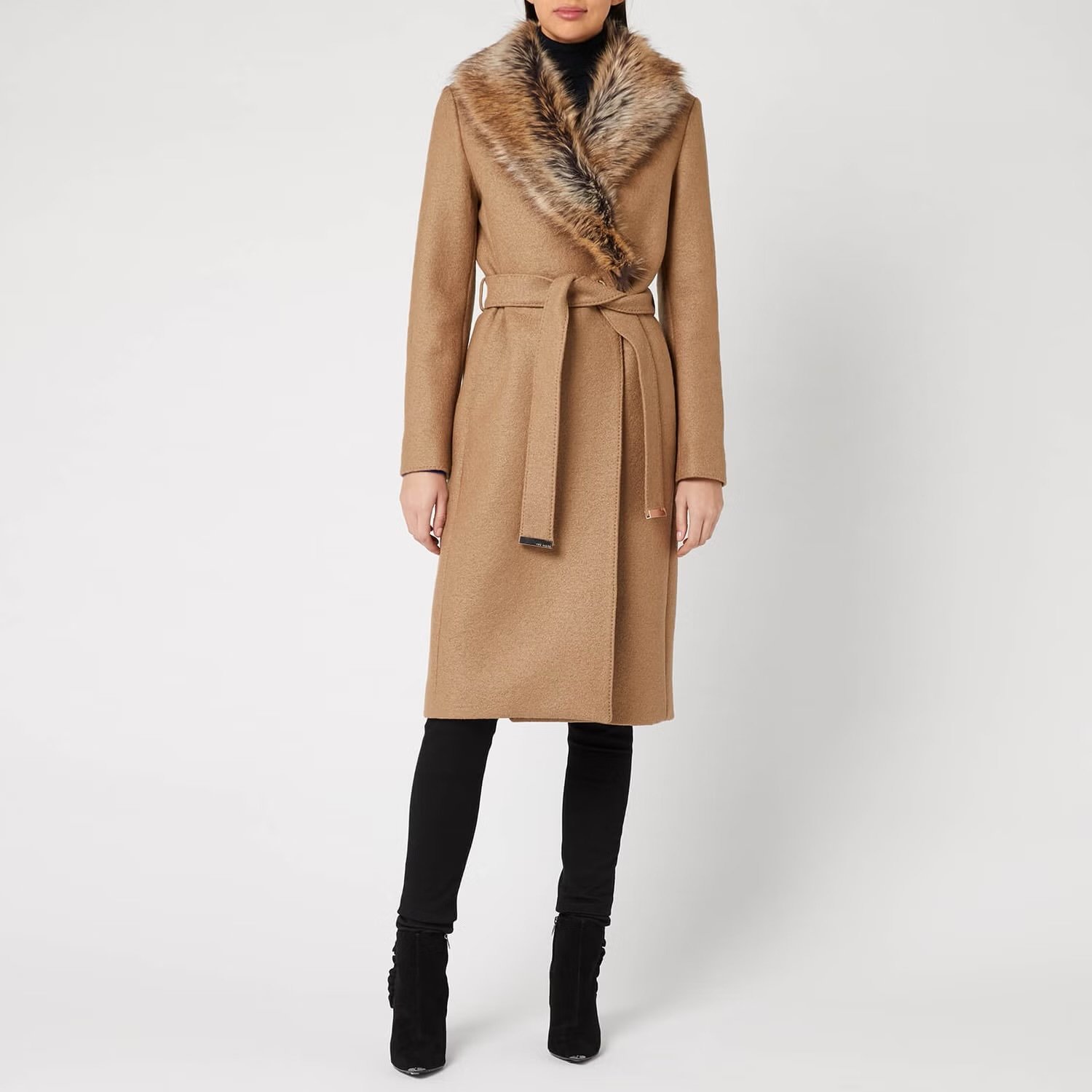 Ted Baker Corinna Tan Camel Faux Fur Wool Wrap Coat | Size 0