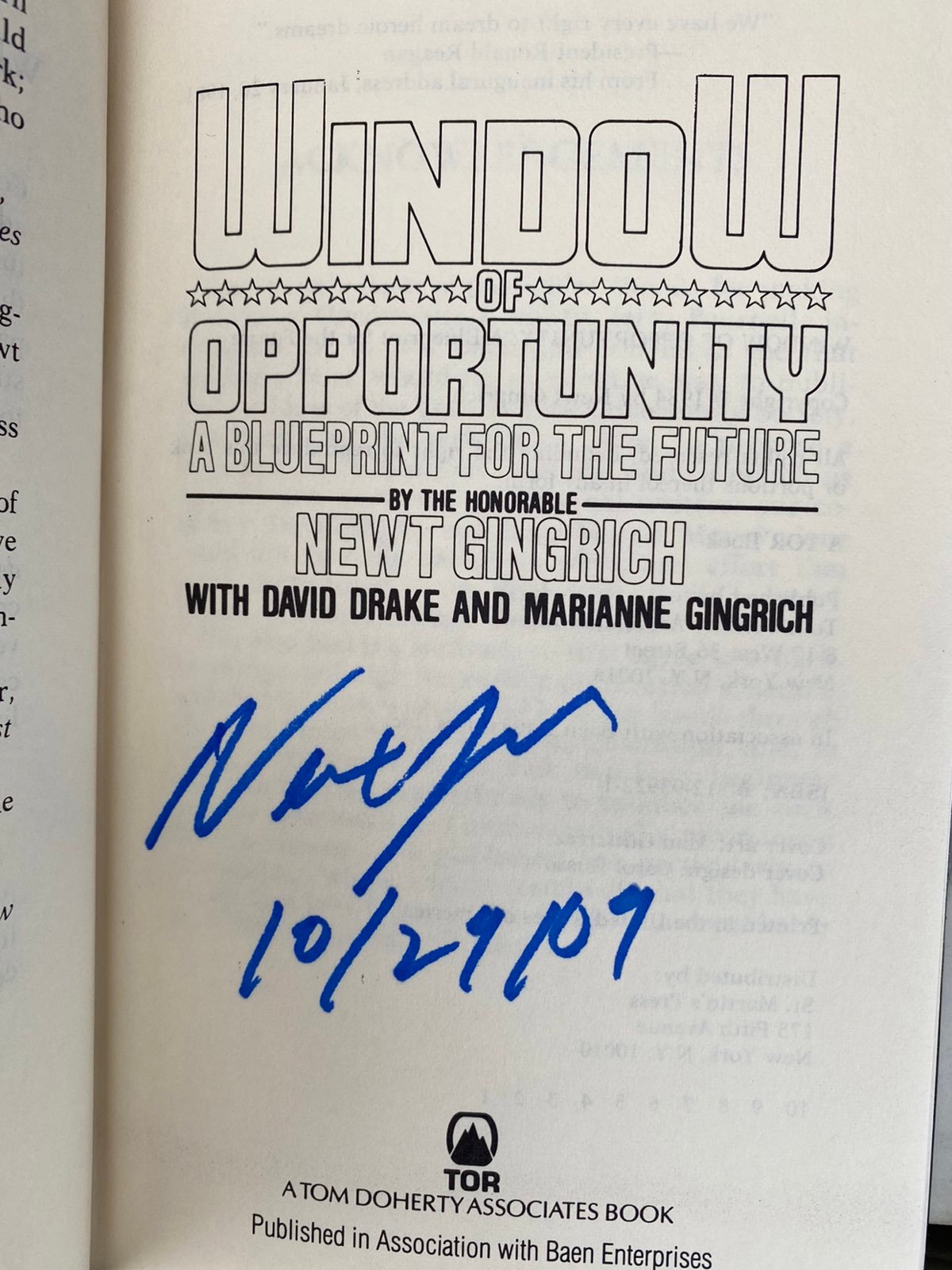 WINDOW OPPORTUNITY SIGNED NEWT GINGRICH