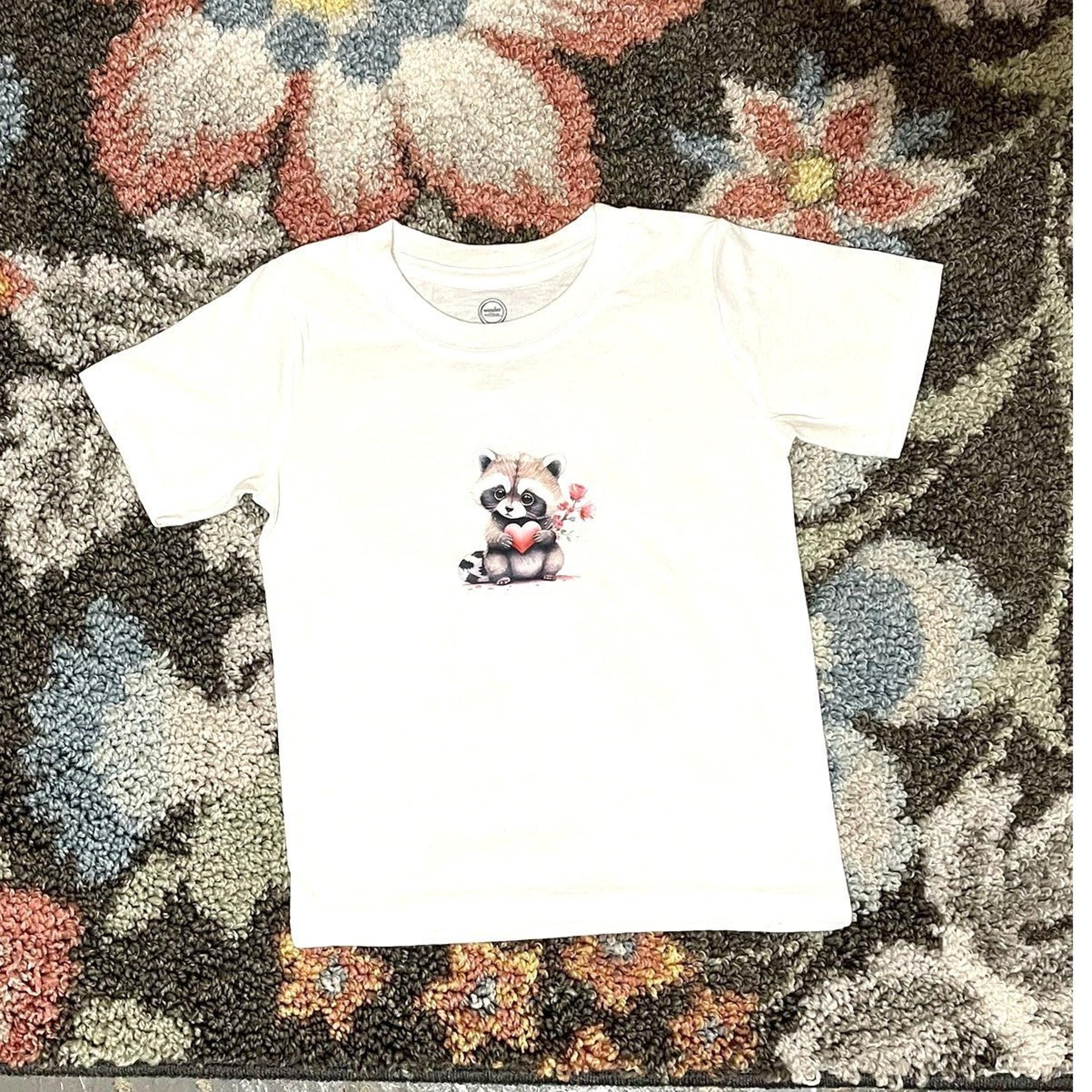 Raccoon Love Toddler Tee Shirt Top 2T-3T White Graphic Custom Made
