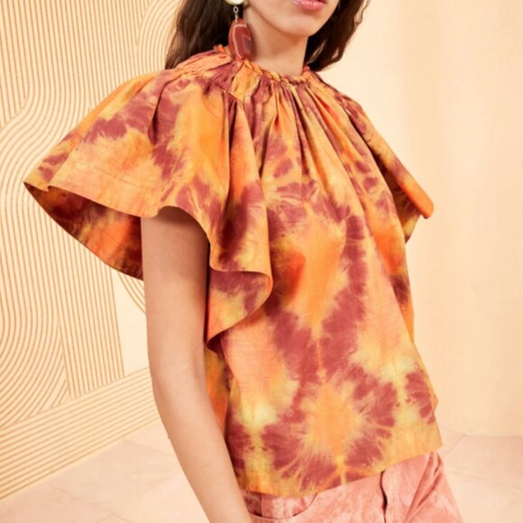 Ulla Johnson 'Kaya' Ruffle Sleeve Orange Tie-Dye Cotton Blouse - Size 4