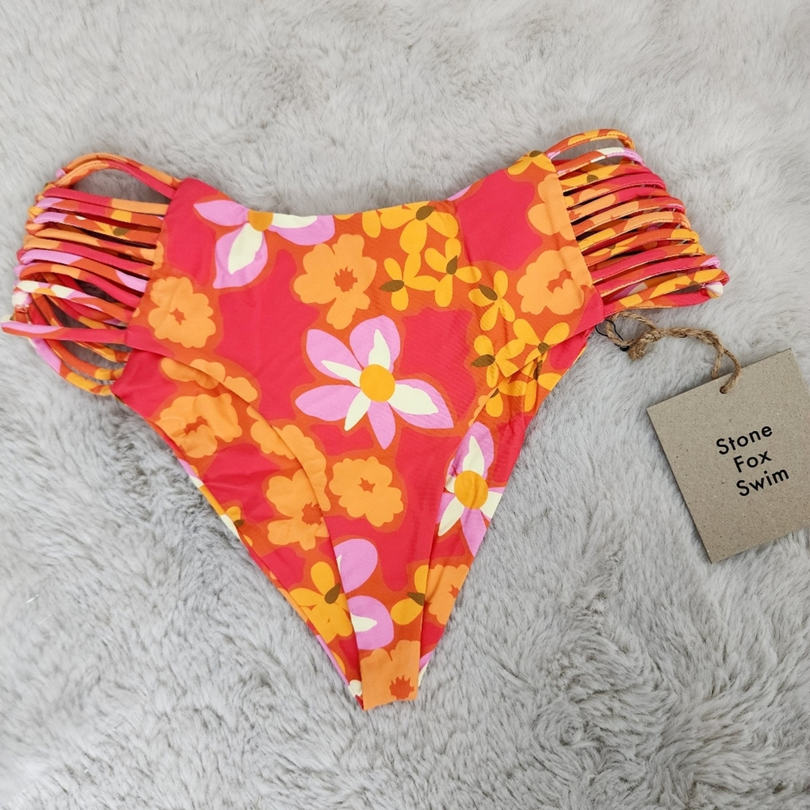 NWT Stone Fox Swim Simone Bikini Swim Bottom in Lei Lei Orange Pink Floral Print