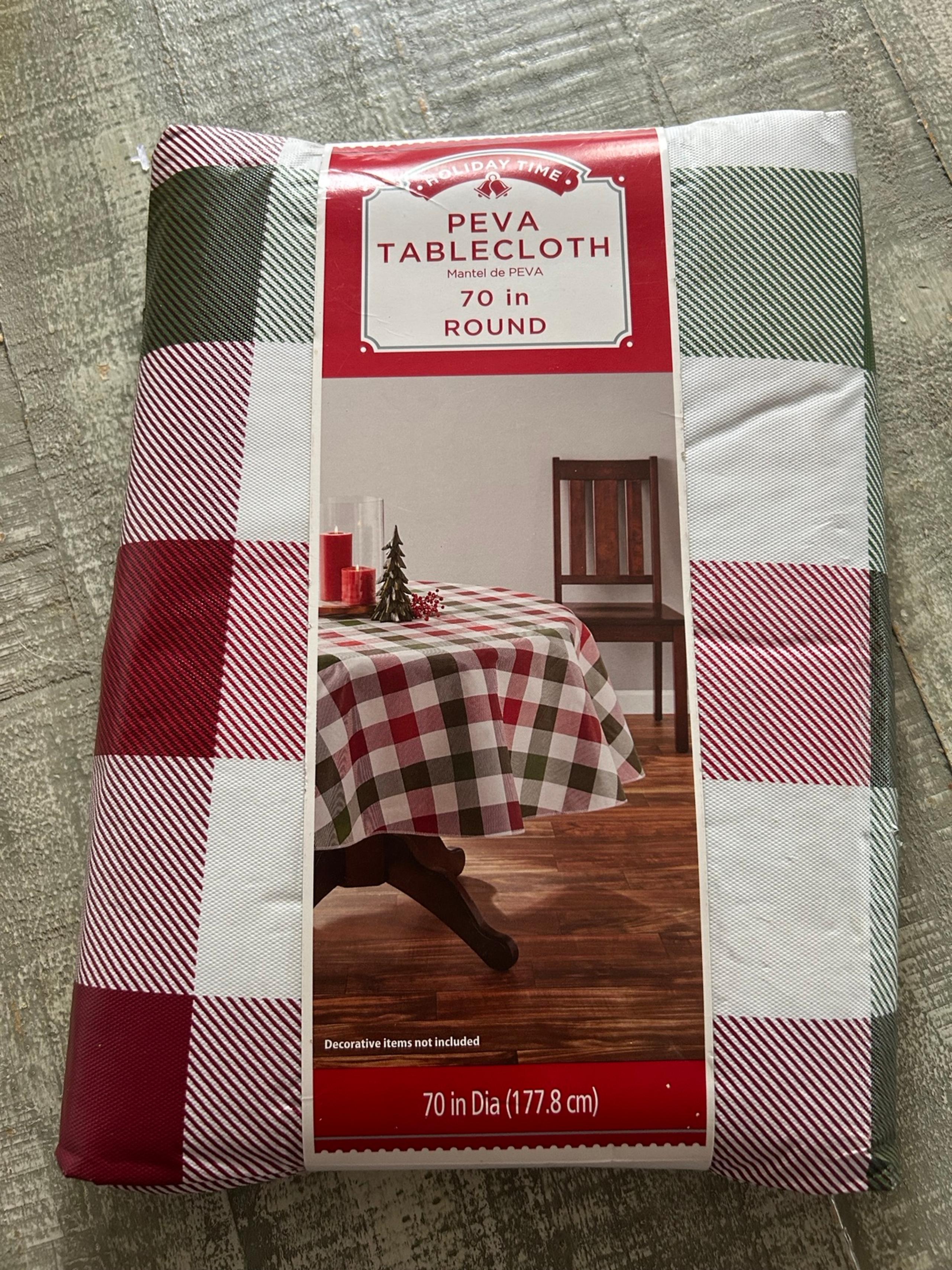 New with Tags 70in Round Peva Tablecloth - Green, Red, and White