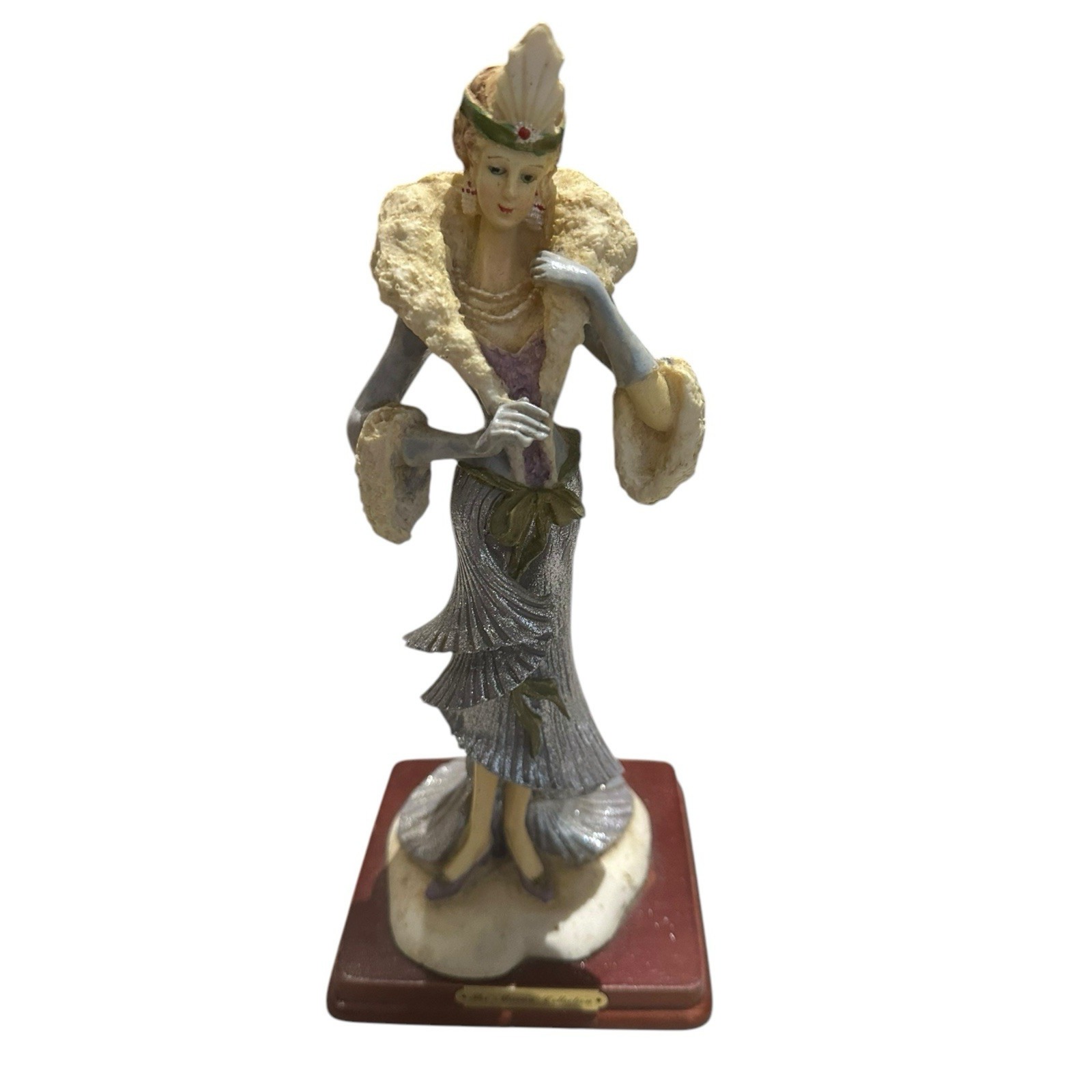Vntg Albert Price 20's flapper fur woman statue figure 1991 resin wood base 12