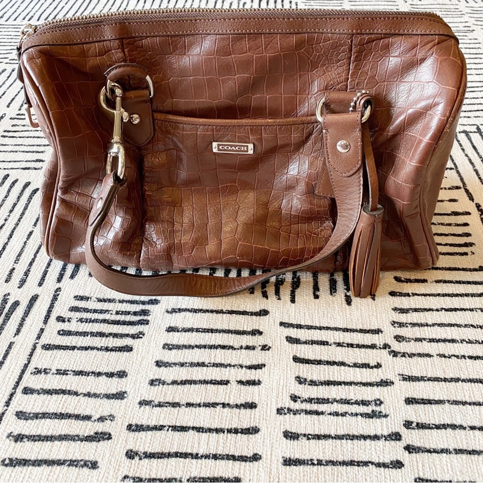 Coach Embossed Crocodile Leather Duffle Style Purse Brown