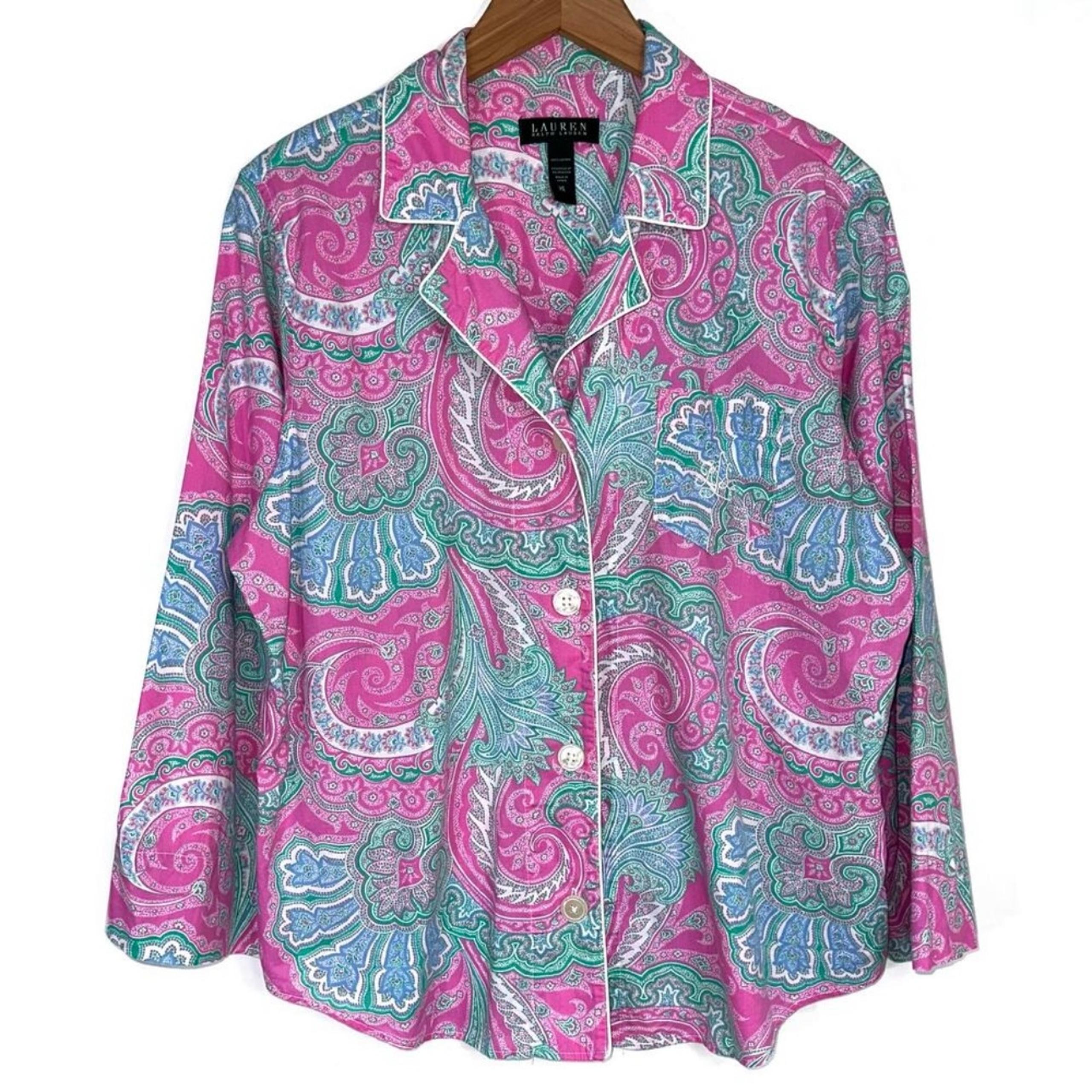 Lauren Ralph Lauren Women’s Cotton Pink Paisley Button Down Pajama Shirt Size XL