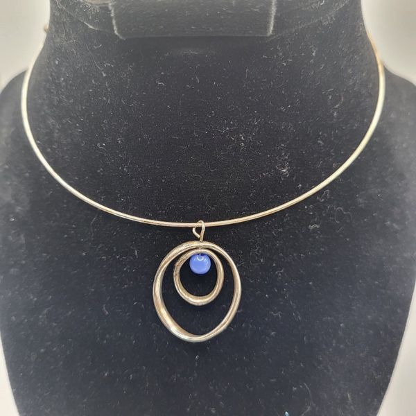 Sterling Silver Blue Tiger's Eye Choker Collar Necklace 4.5in dia
