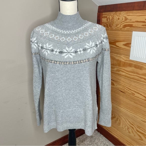 Tahari Grey Fair Isle Snowflake Metallic Knit Turtleneck Sweater Extra Small