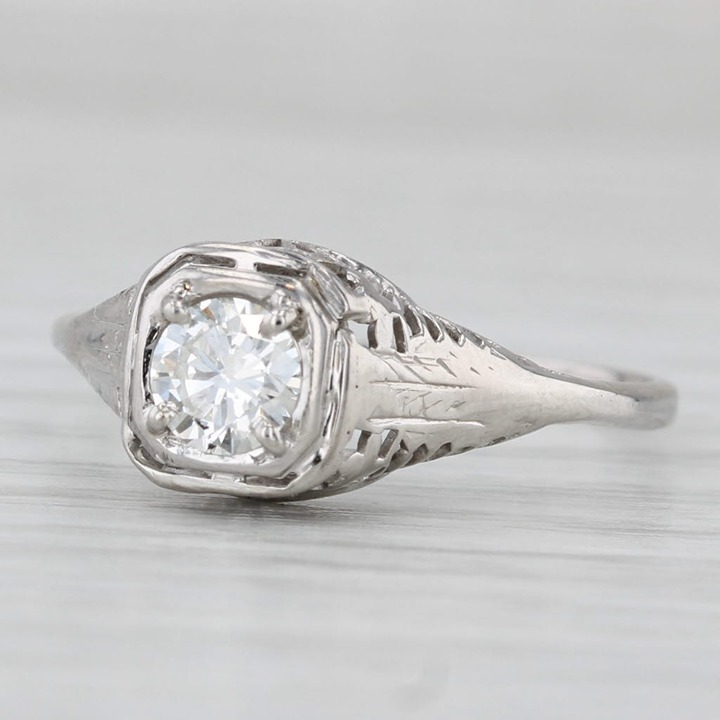 Art Deco 0.46ct Diamond Engagement Ring 14k White Gold Filigree Size 10 GIA