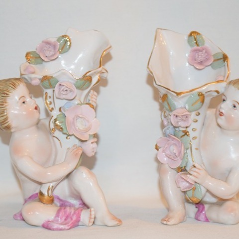 Vintage Pair Porcelain Cherub Cornucopia Figurines