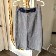 Tory Burch Barrick Skirt Grey Blue Wool Herringbone Lined Belted Pencil Size 2