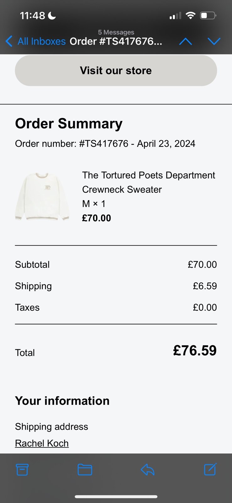 White TTPD Sweater Size M Taylor Swift