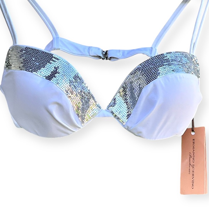Ermanno Scervino Bikini Top White Silver Sequins Size 34B Medium NWT