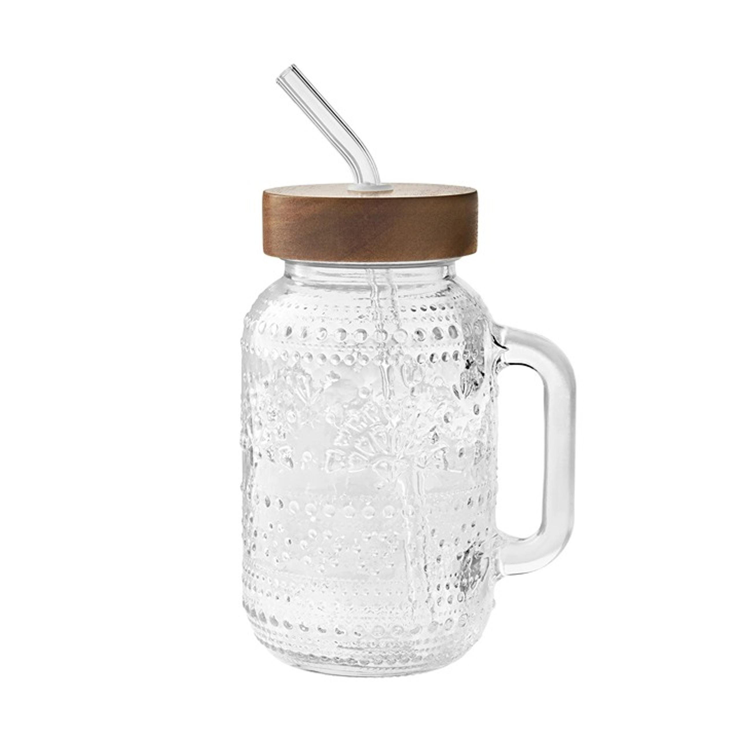 2 Pioneer Woman Channing Embossed Glass Tumbler Sipper Wood Lid&Straw Clear 32oz