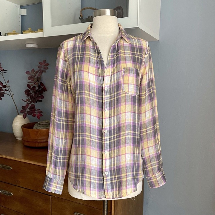 CP Shades Sloane Plaid Linen Bottom Front Shirt Blouse Size XS