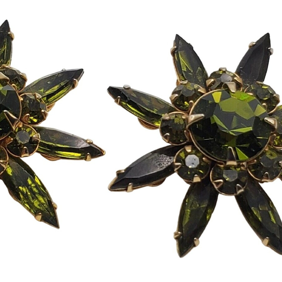 Judy Lee Olive Green Clip Earrings Starburst Rhinestone Flower Vintage 1960s