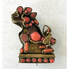Vintage Coral Brass Fu Dog Pin Brooch Handmade 1 3/4 in Gold Tone Brass