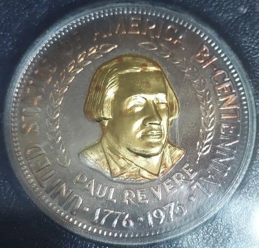 Paul REVERE 1967 BICENTENNIAL- LETCHER MINT 2/3 GRAMS .999 GOLD ON 24 GRAMS. 999