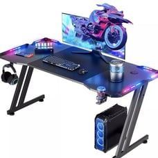 39 inch Small Gaming Desk with LED Lights & Power Outlet Carbon Fiber Black
