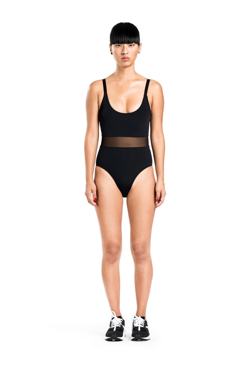Beth Richard’s black mesh one piece swimsuit bodysuit XS sheer