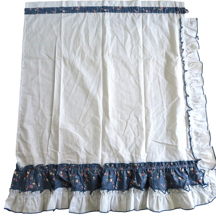 Vintage Pair 2 Cotton Curtain Panels Blue Floral Ruffle White Cotton 32 x32 NEW