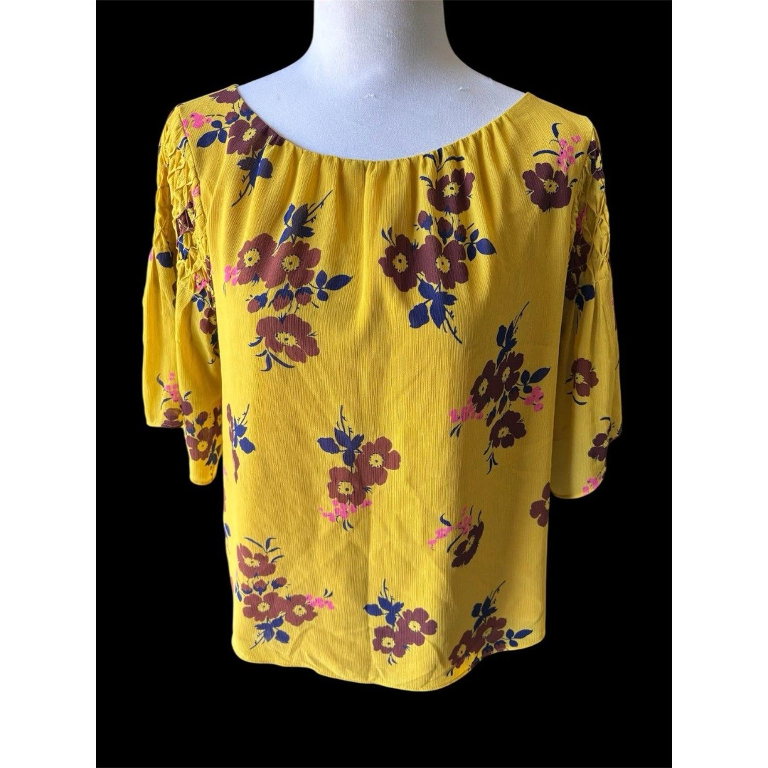 Madewell Pleated Cascade Sleeve Retro Floral Pullover Blouse In Mustard Yellow L