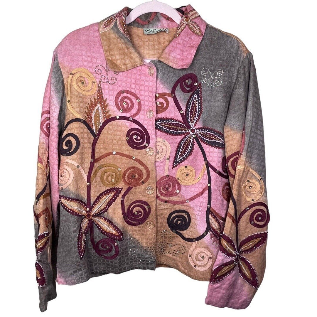 VINTAGE PUSHPA ART TO WEAR TIE DYE EMBELLISHED Patch JACKET SZ L Ribbon Beads
