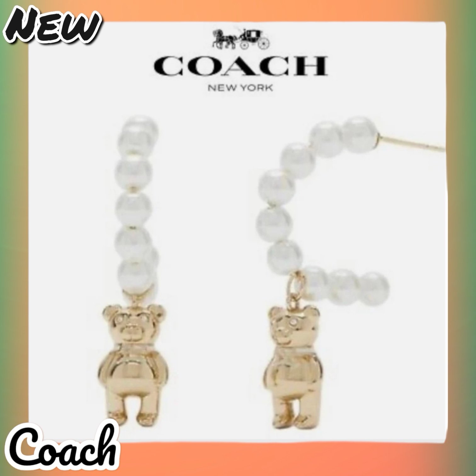 New Coach Gold Bear and White Pearl Hoop Dangle Earrings