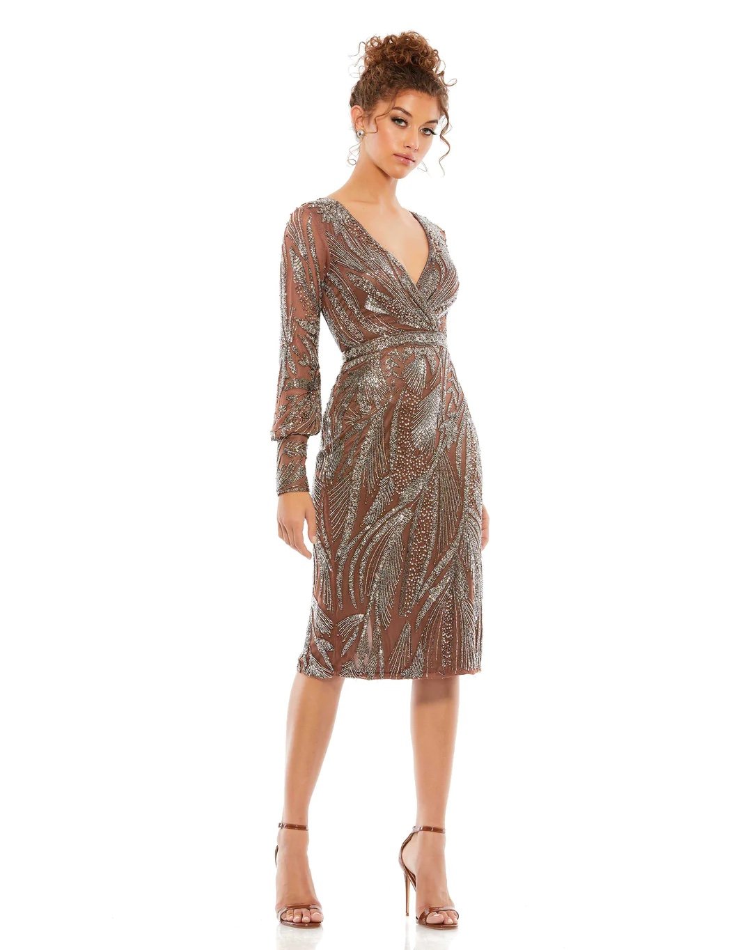 Mac Duggal Beaded Long Sleeve Wrap Over Midi Dress