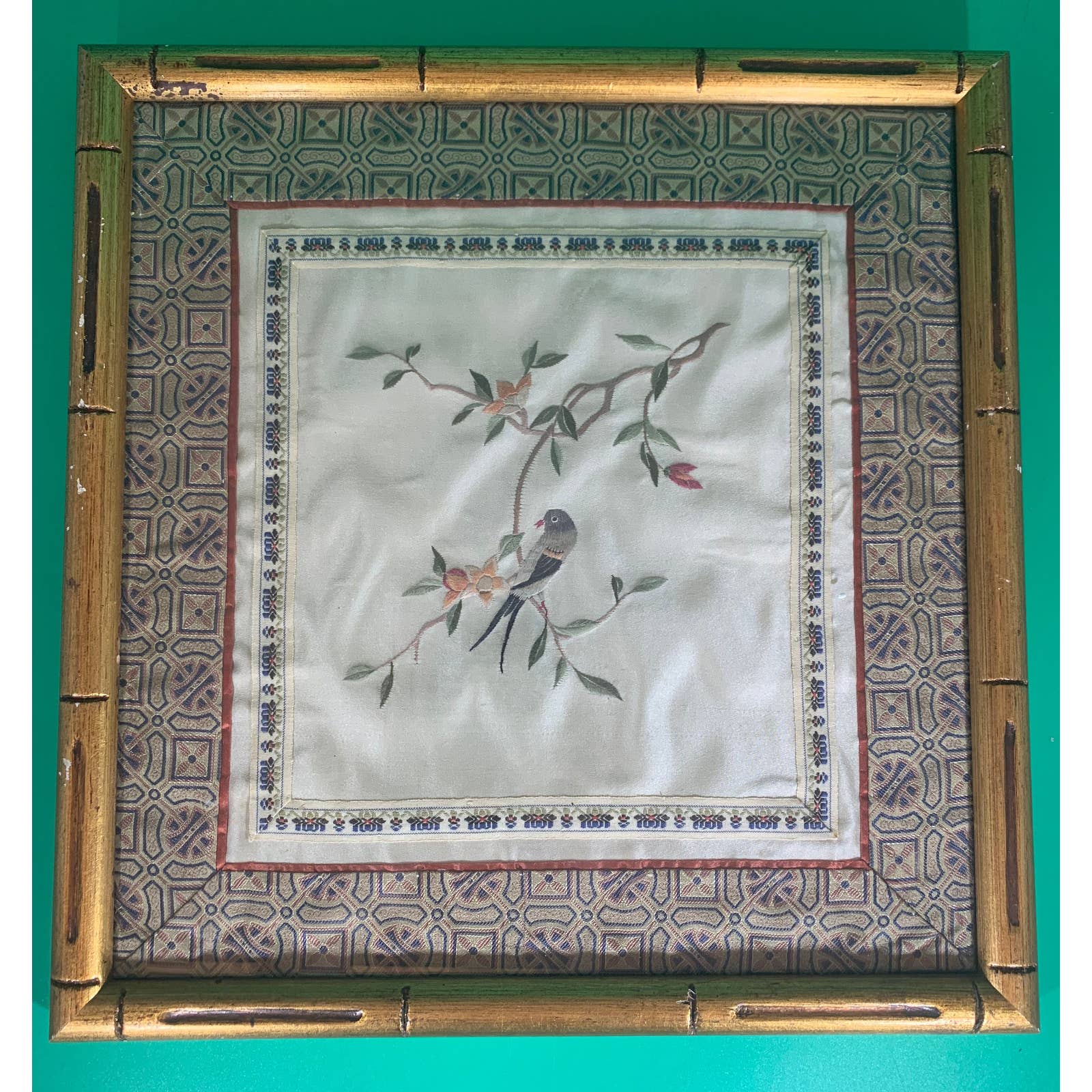 VINTAGE Asian Silk Screen Art Bird on Branches Gold Frame Double Matting