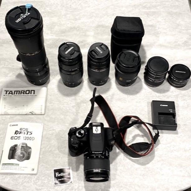 Canon rebel t5 with lenses, extention tubes, teleconverter, etc.