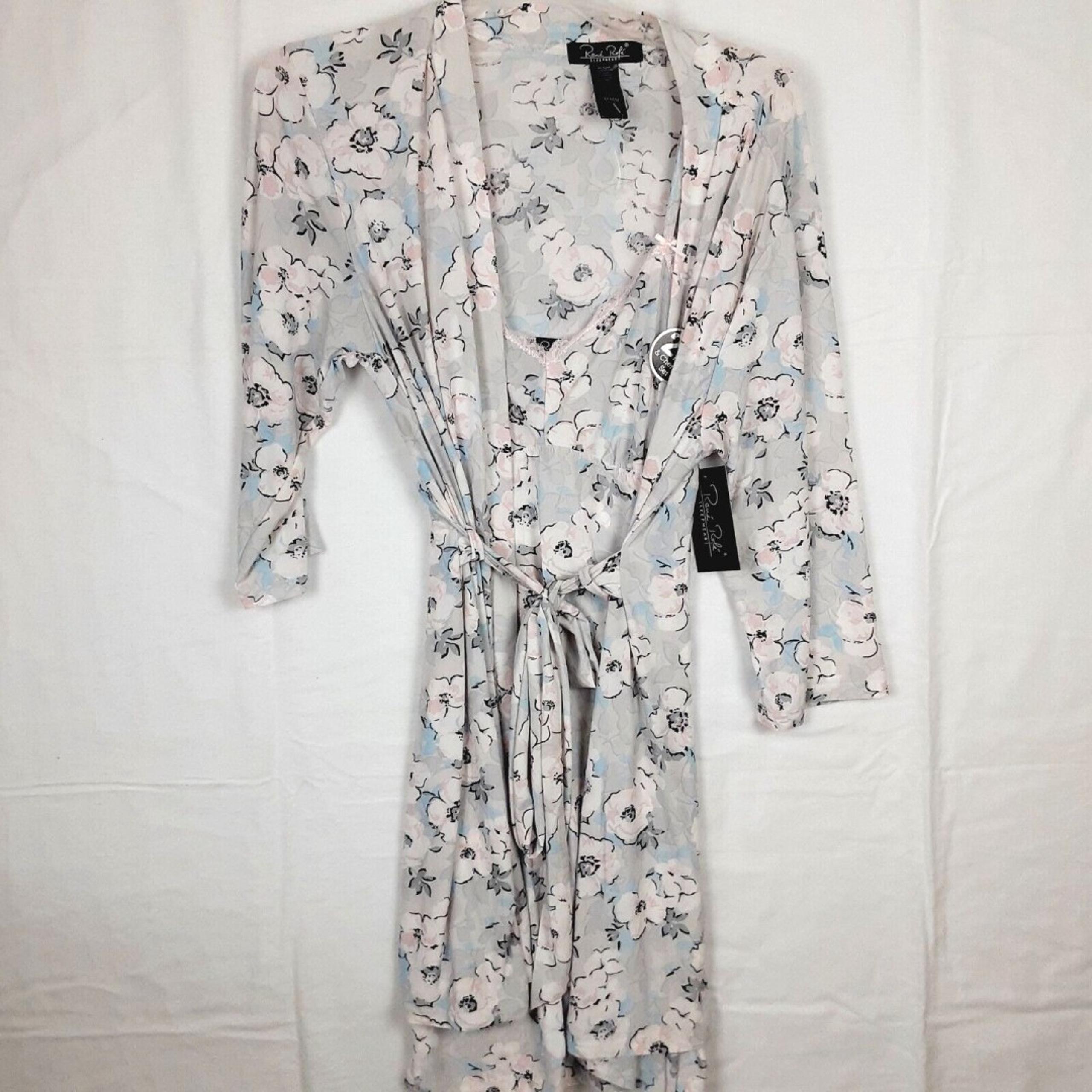 Rene Rofe Sleepwear Womens 2 Piece Nightgown Set Size Medium Robe Blue White NEW