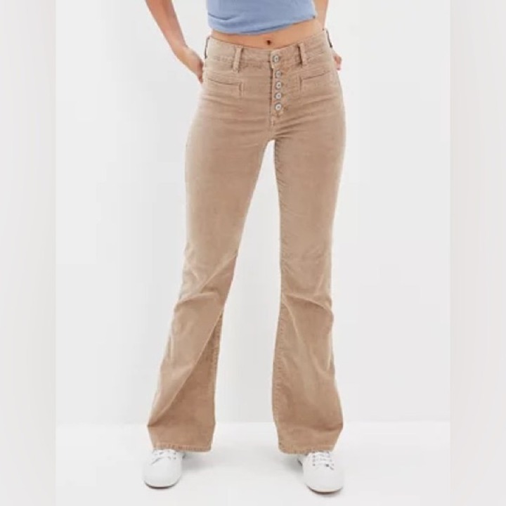 American Eagle High Rise Stretch Corduroy Flare Pants Beige Size 12 Short