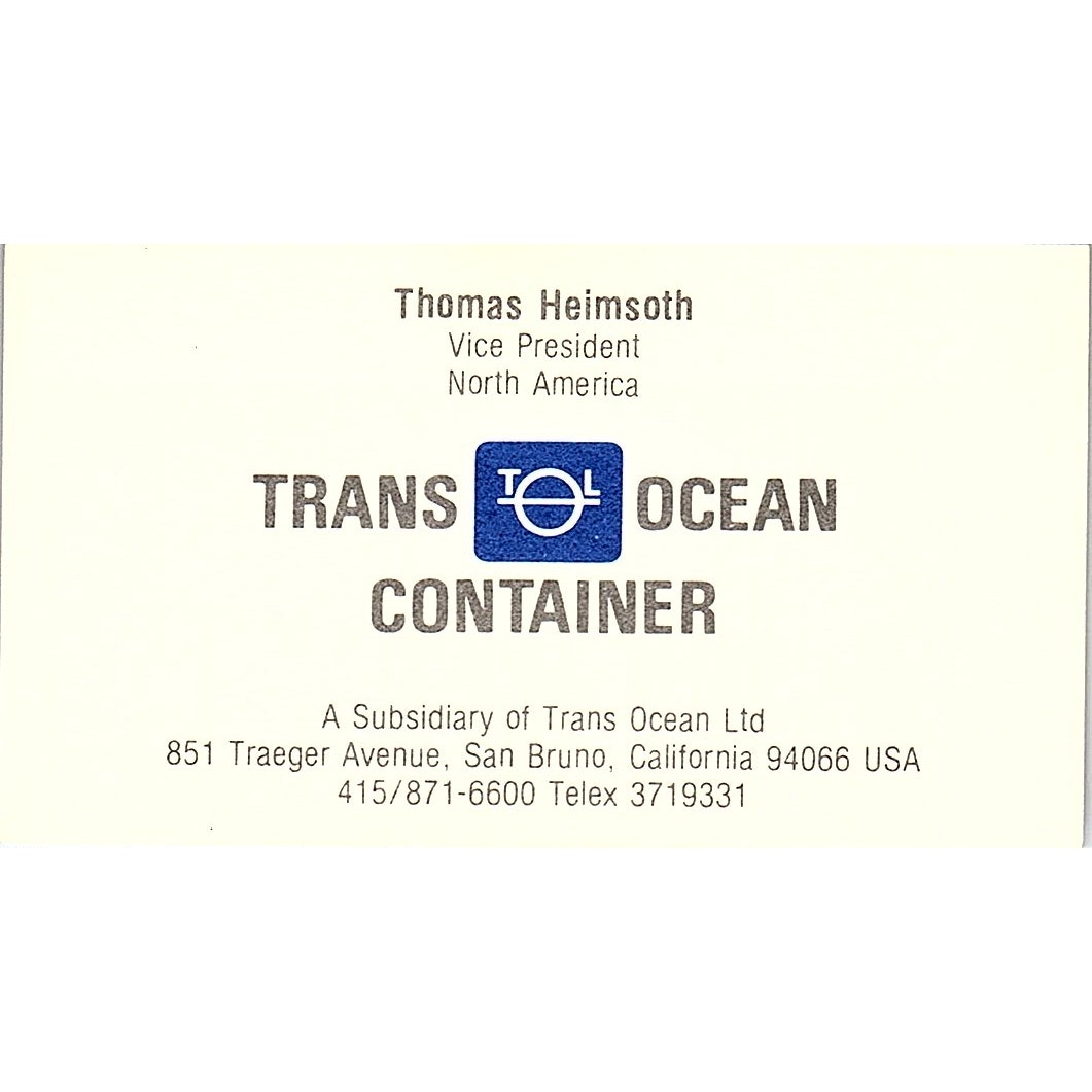 Tran Ocean Container Thomas Heimsoth San Bruno CA Vintage Business Card SC9-B2