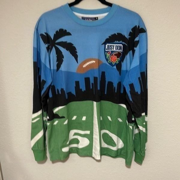 Just Don Mens Multicolor Graphic Cotton Long Sleeve Football T-Shirt Medium