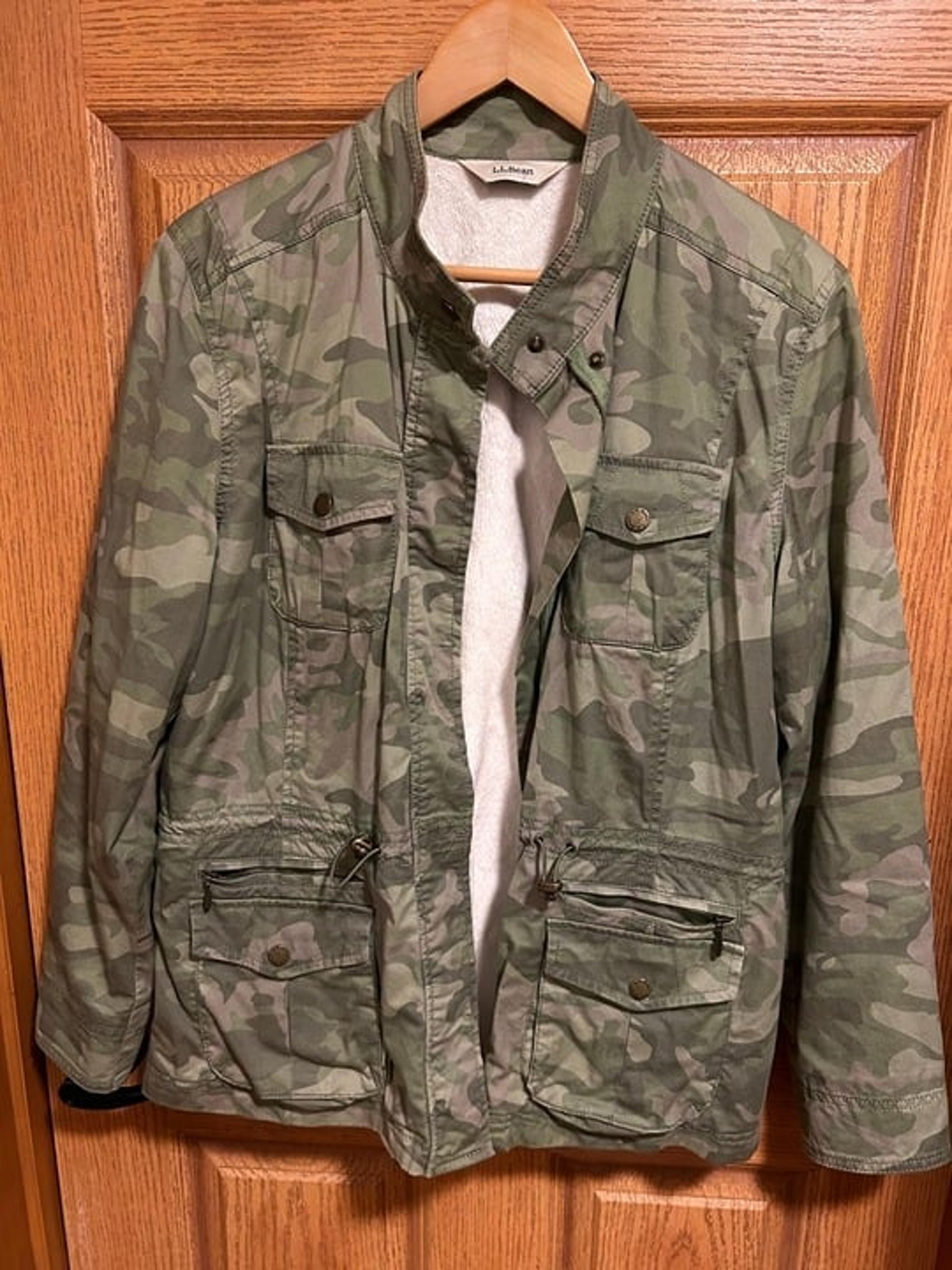 L.L. Bean Freeport Camo Jacket Coat Sherpa Lined Warm Trench Moto Zipper M