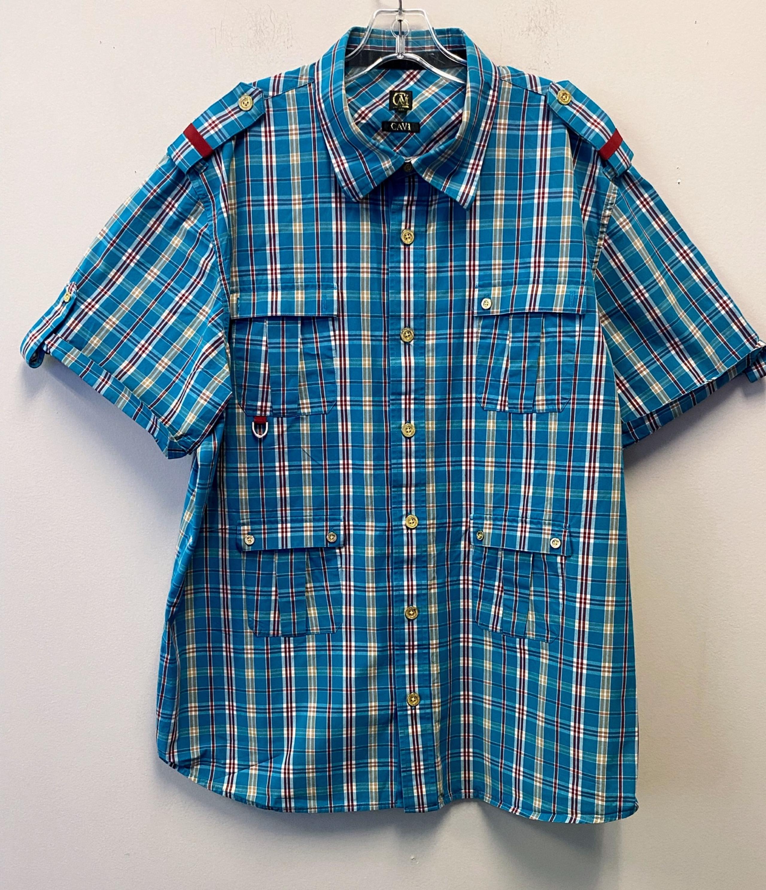 Cavi Blue Plaid Short Sleeve 4 Pockets Shoulder Straps Shirt —3XL